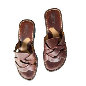 Born Womens Brown Leather Woven Wedge Slide Sandals Size 7 38